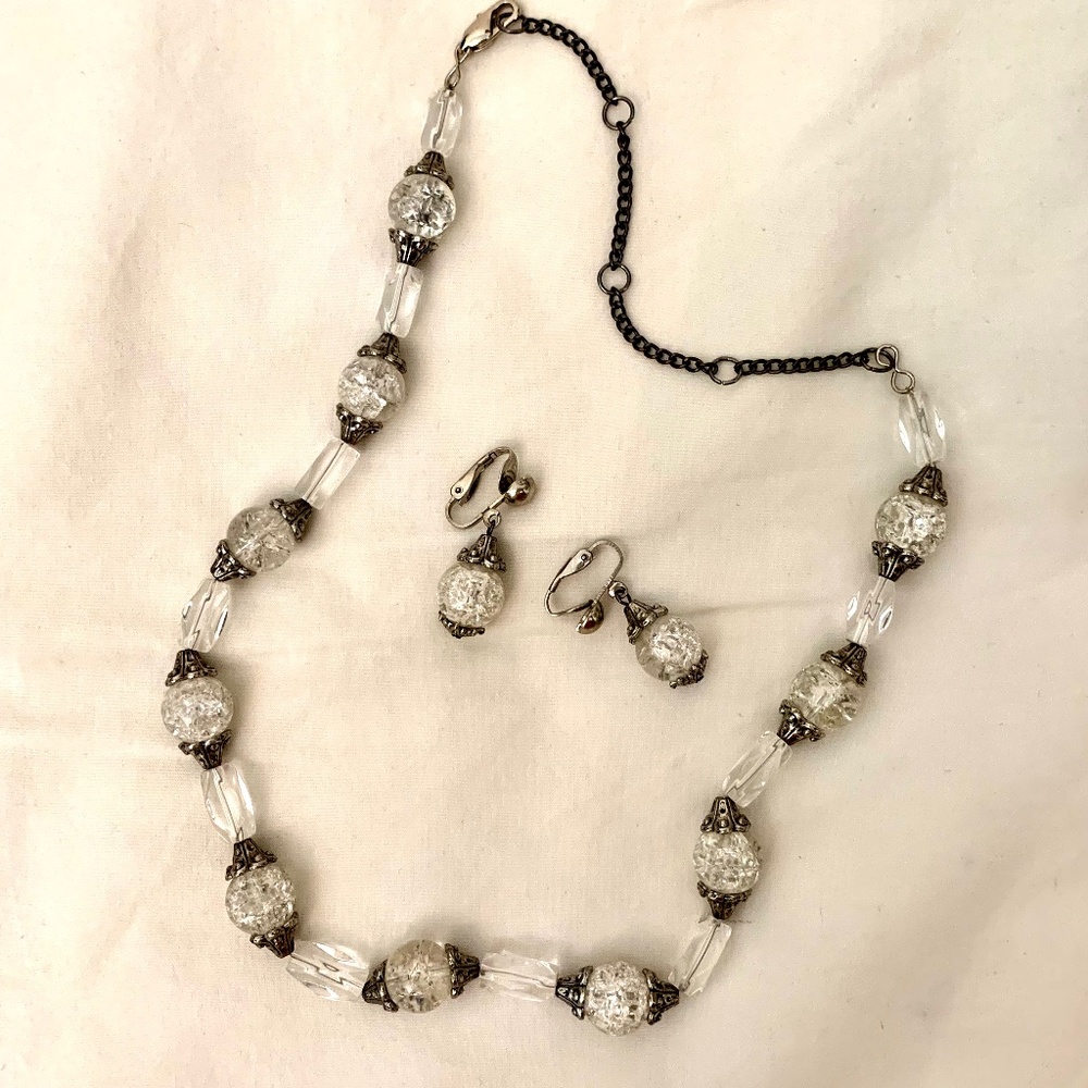 Handmade Glass Bead Necklace & Clip Earring Set